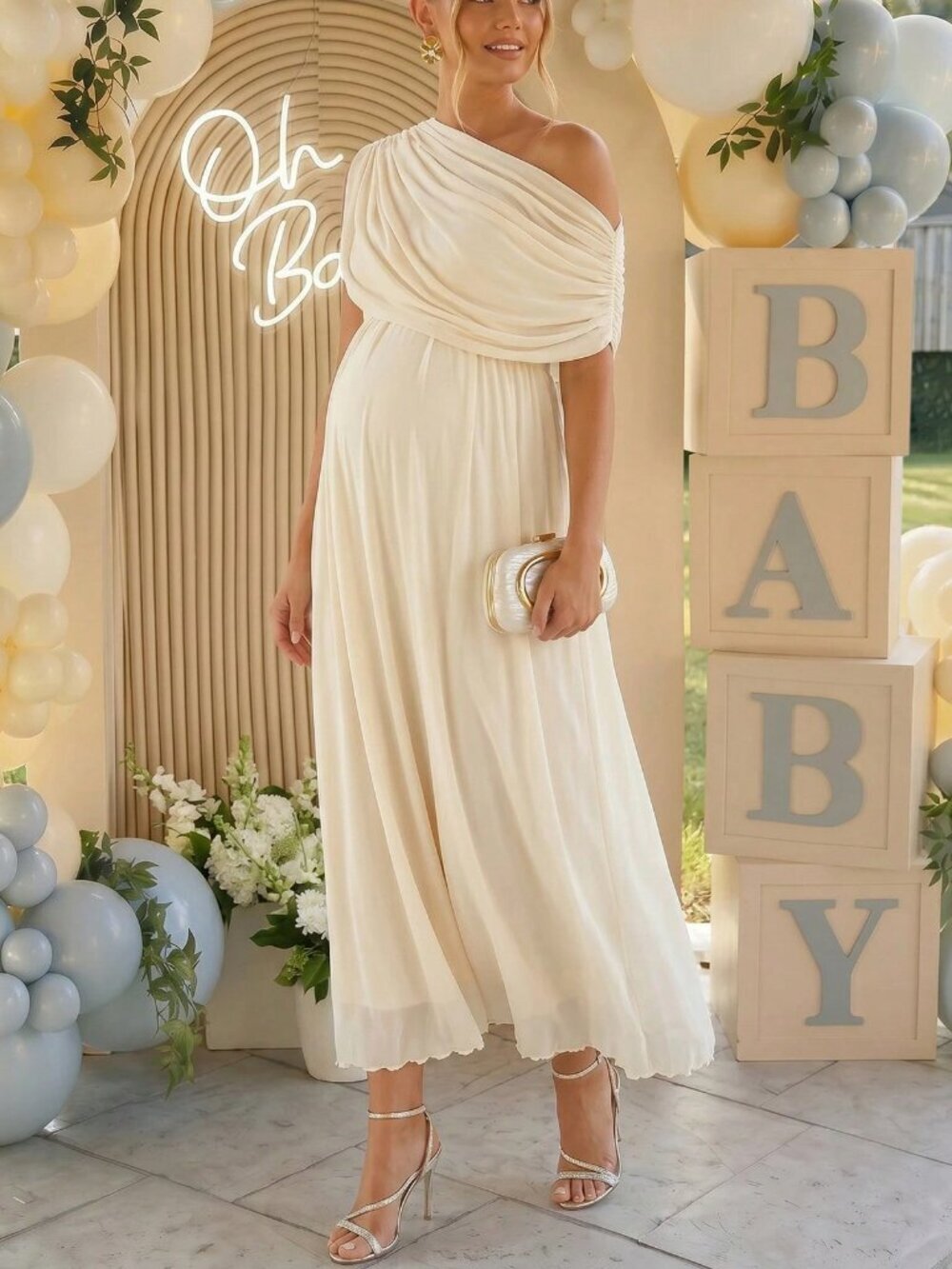 Apricot Chic Women's Asymmetric Shoulder Pleated Maternity Gender Reveal Dress